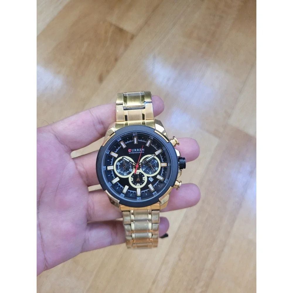 Curren‎ Mens Chronograph Watch Gold Tone Stainless Steel Black Dial New